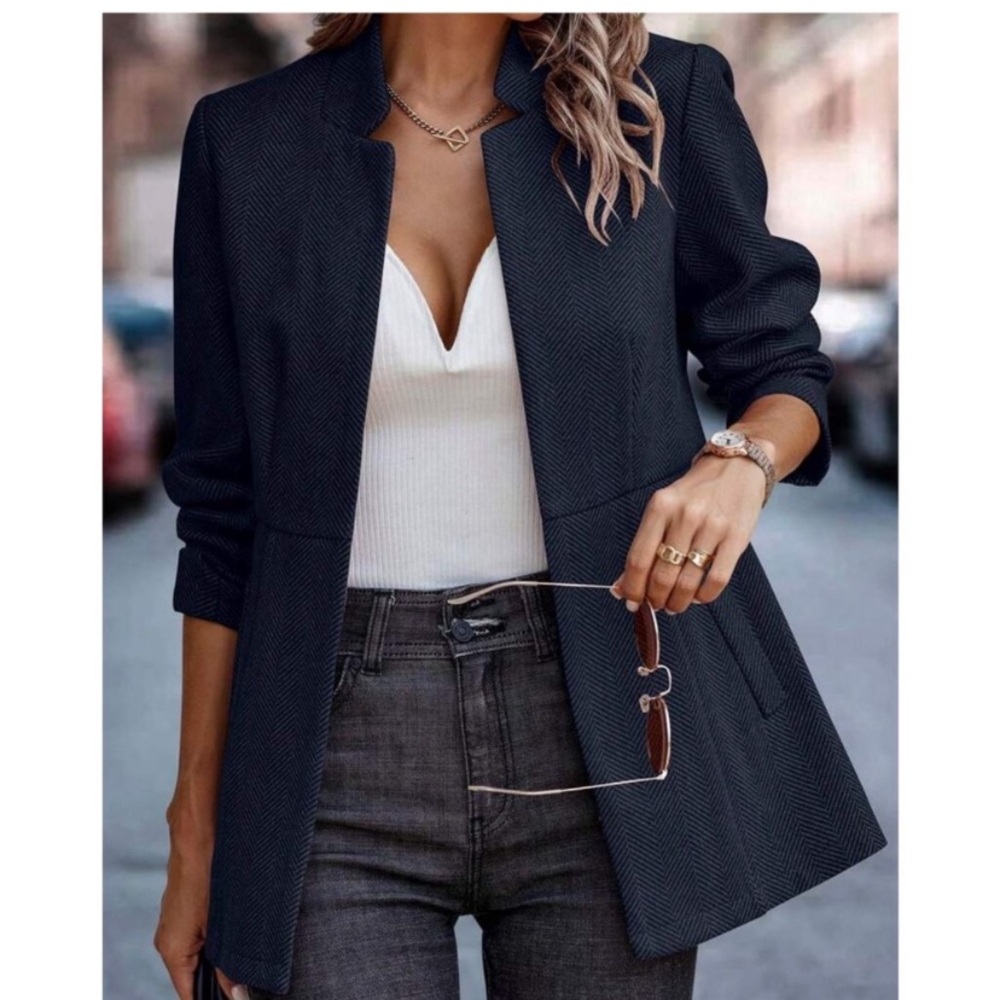 Classic Navy Blue Herringbone Blazer Jacket Coat
